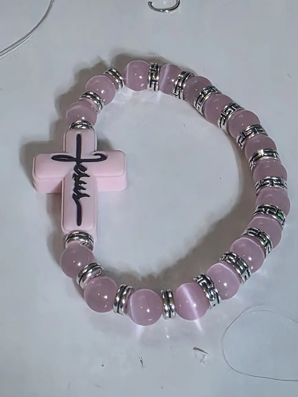 Pink Cat's Eye Beaded Jesus Cross Stretch Bracelet